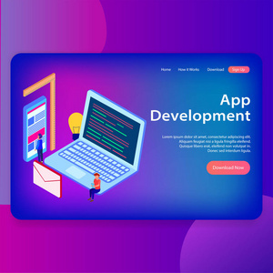 3d 帶有瀏覽器窗口的筆記本電腦的等距插圖, 用于響應(yīng) Web 著陸頁(yè)設(shè)計(jì)